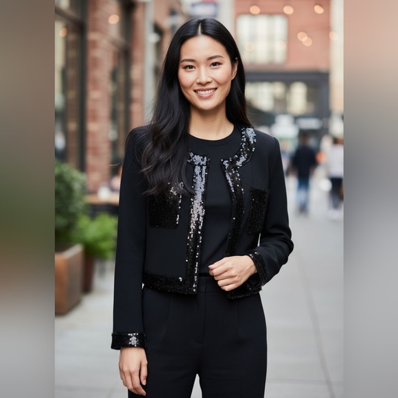 Cinq à Sept Randi Sequin Trim Jacket Black Cropped Blazer Women’s Size 10 - Picture 4 of 12